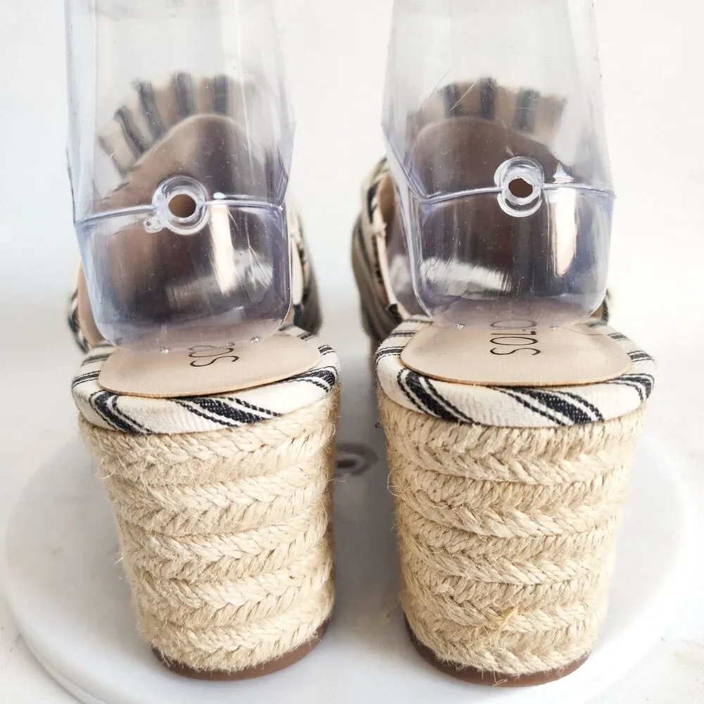 Sole Society Mules Size 9 Slides Linen Cream‎ Blue Striped Bow Flats Closed Toe